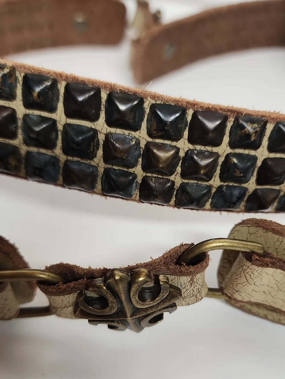 Tan Leather Metal Studded Handmade Doubled Ren Faire Rare Quality Belt 79" WOW - Picture 3 of 5
